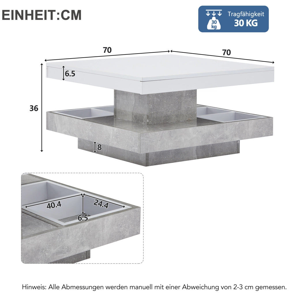 Tavolino da caff猫 70x70x36 cm; girevole 360掳 con vano contenitore; pannello truciolare bianco