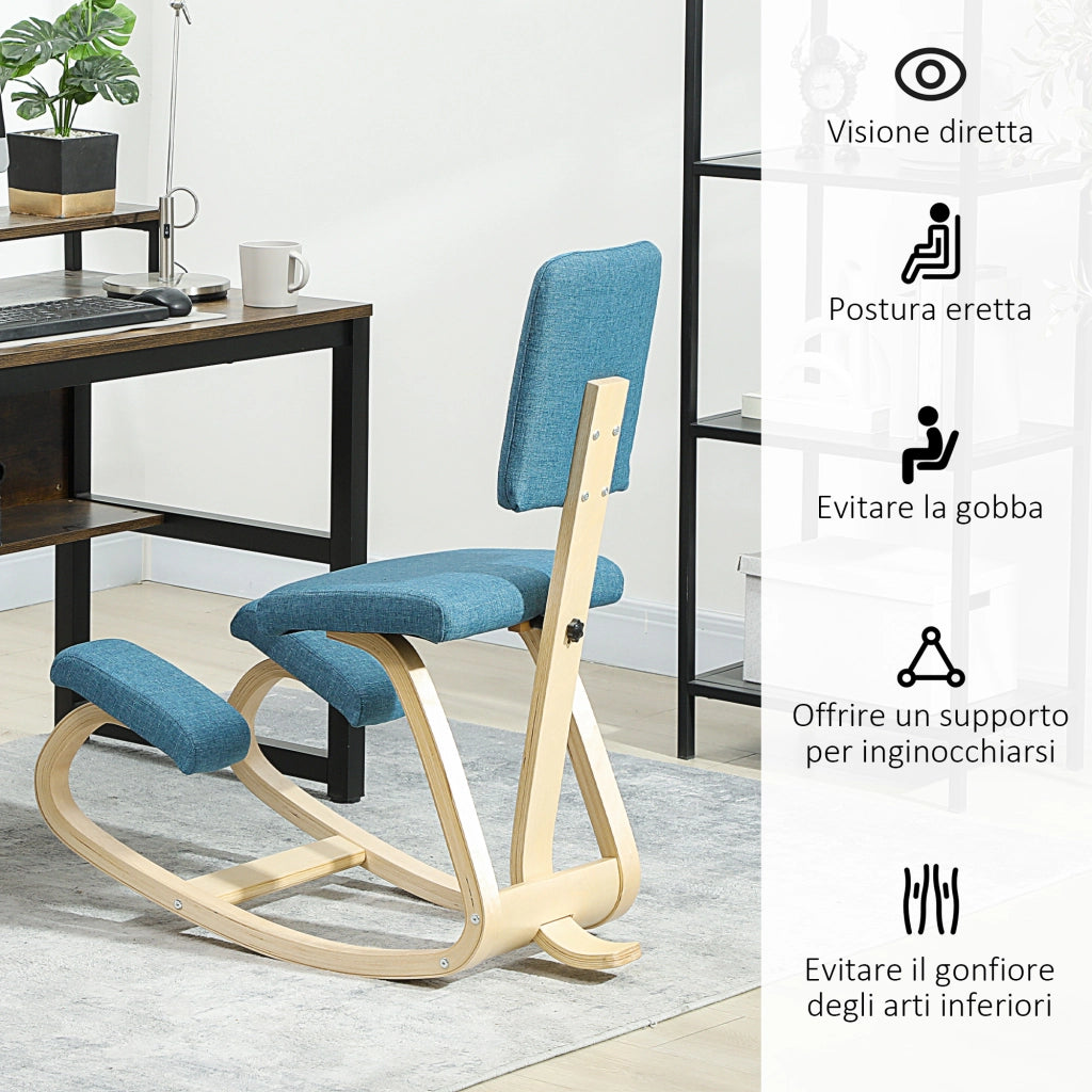 Sedia ergonomica inginocchiatoio dondolante ¨C Xylo ¨C tessuto effetto lino blu scuro e legno betulla
