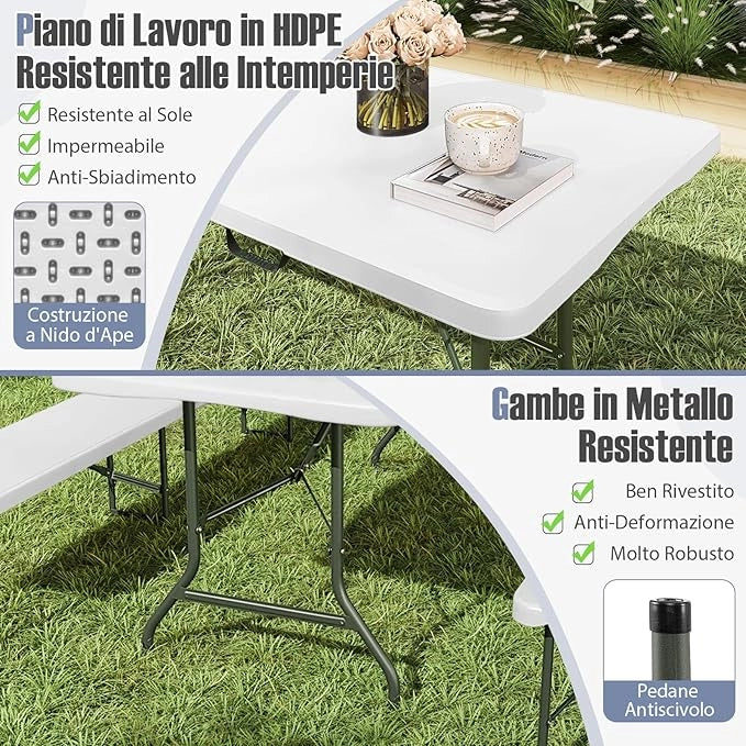 Tavolo Pieghevole Portatile da 180/245 cm, Tavolo da Campeggio in HDPE, Meccanismo di Blocco Sicuro, Tavolo da Picnic con Maniglia, Portata 160 kg (180 cm,Bianco)
