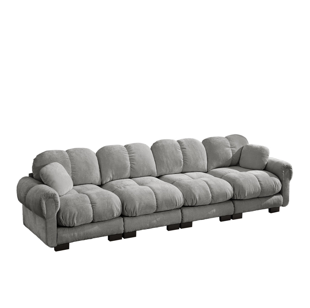 Divano modulare in chenille con cuciture trapuntate e cuscino mobile 330x86x90 cm; grigio chiaro