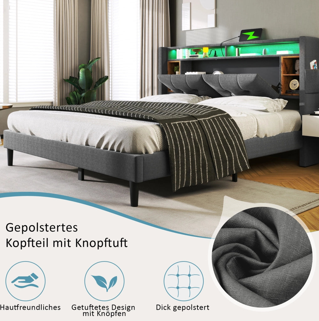 Letto matrimoniale imbottito 140x200 cm con LED, USB e vano