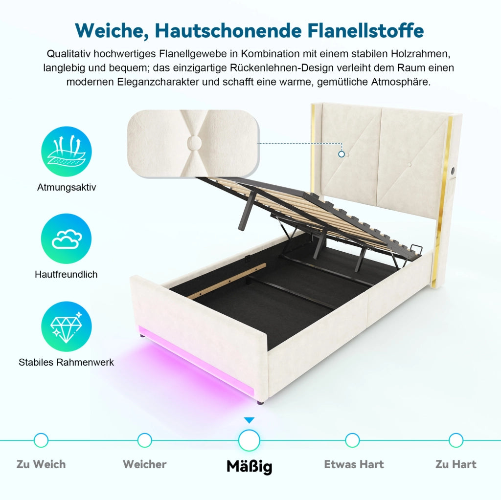 Letto singolo in velluto beige con LED, USB-C e contenitore 90x200