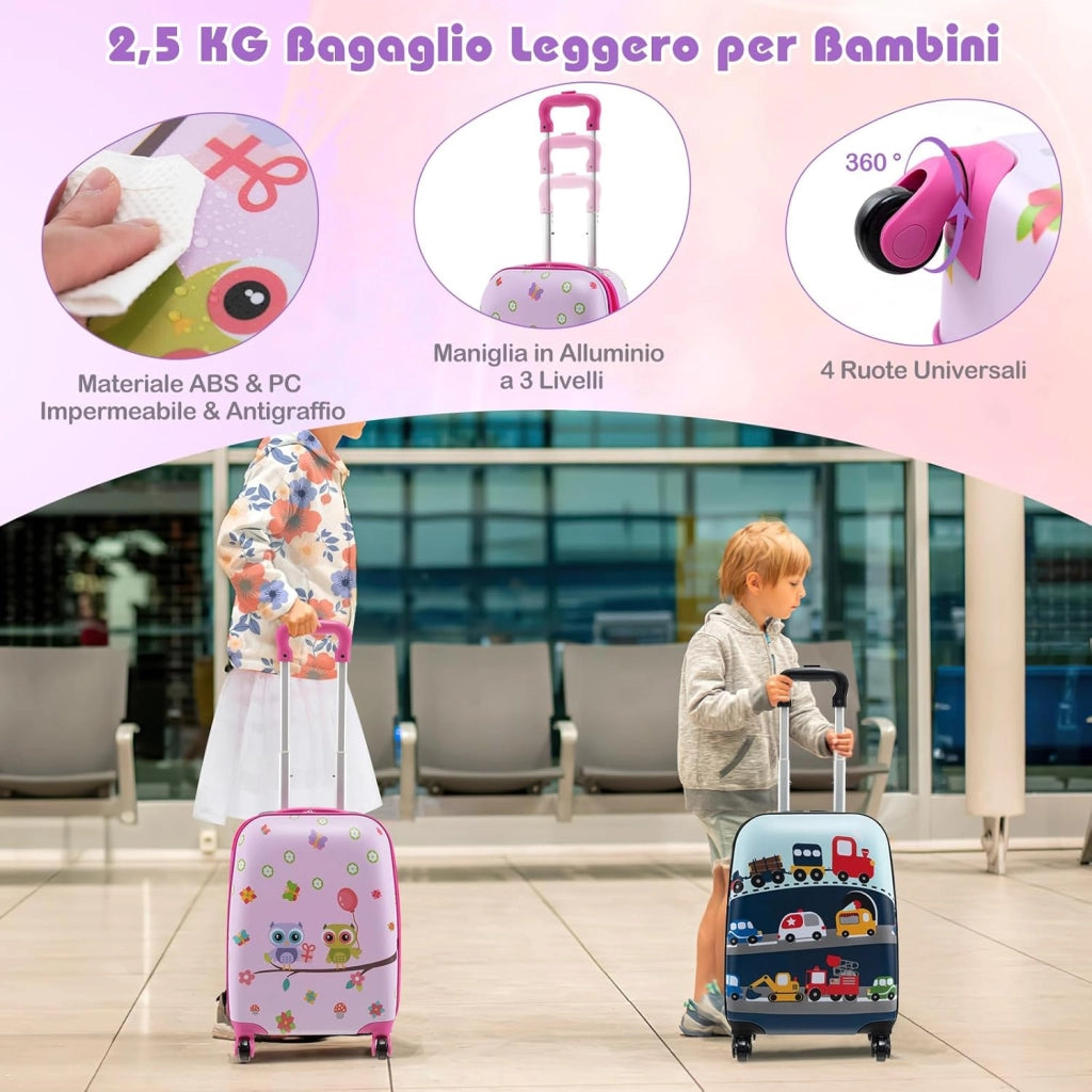 5 Pezzi Valigia per Bambini, Valigia con ManicoTelescopico da 16" con 13" Zainetto, Cuscino per Il Collo, Etichetta per Bagaglio, Borsa per Il Pranzo, con Ruote Girevoli a 360 ° (Modello 4)