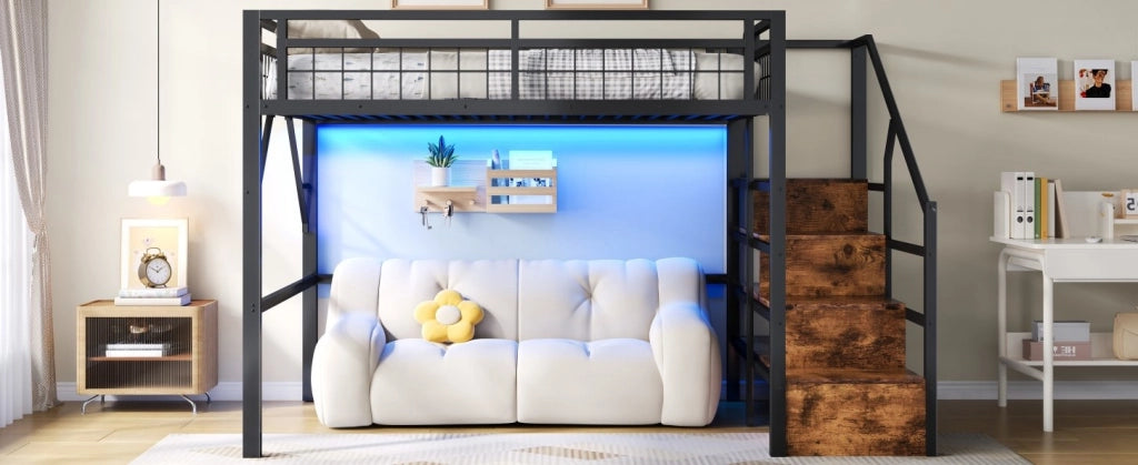 Letto a soppalco 140x200 cm con LED e scale contenitore nero