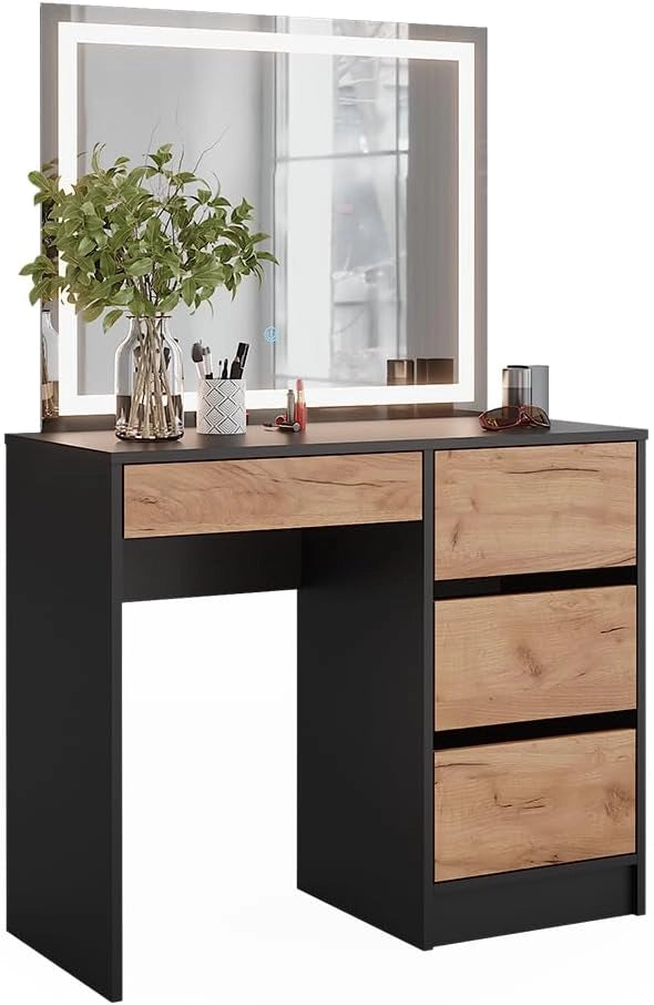Tavolo da toilette Sherry, Antracite/quercia dorata, 90 x 75 cm con specchio a LED, con illuminazione LED e sgabello coordinato