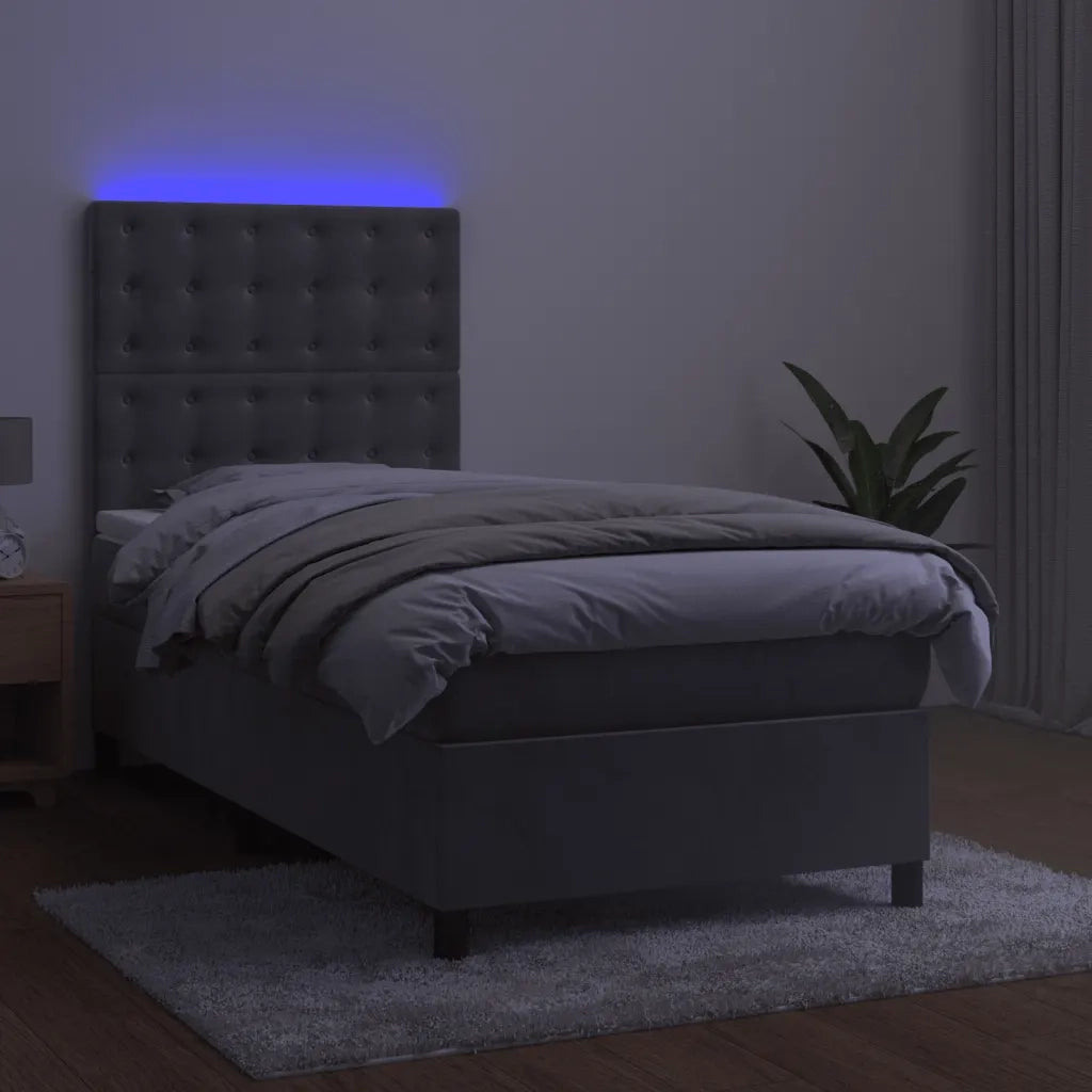 Letto a Molle Materasso e LED Grigio Chiaro 100x200 cm Velluto