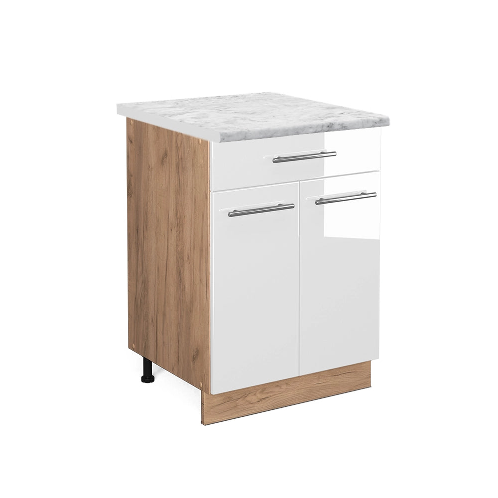 Mobiletto base per cucina Fame-Line Bianco lucido/Rovere dorato 60 cm con cassetto, PL Marmo Vicco