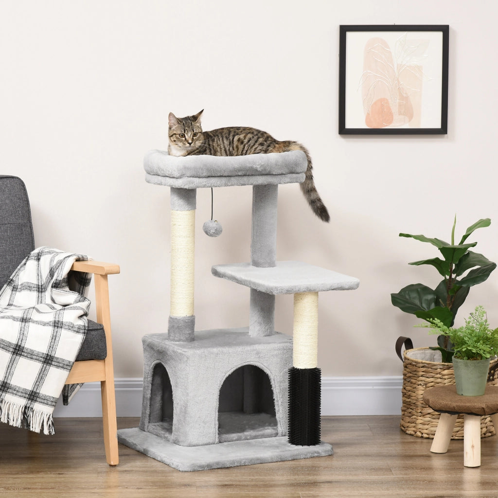 Albero tiragraffi per gatti con cuccia lavabile e pallina sospesa, grigio chiaro, 48x48x85 cm