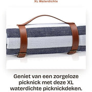 Tenda da picnic XL - Impermeabile - Resistente al sabbia - Cinturino in pelle vegetale - Molto morbido - Disegno a strisce blu e bianche - Tappeto da picnic
