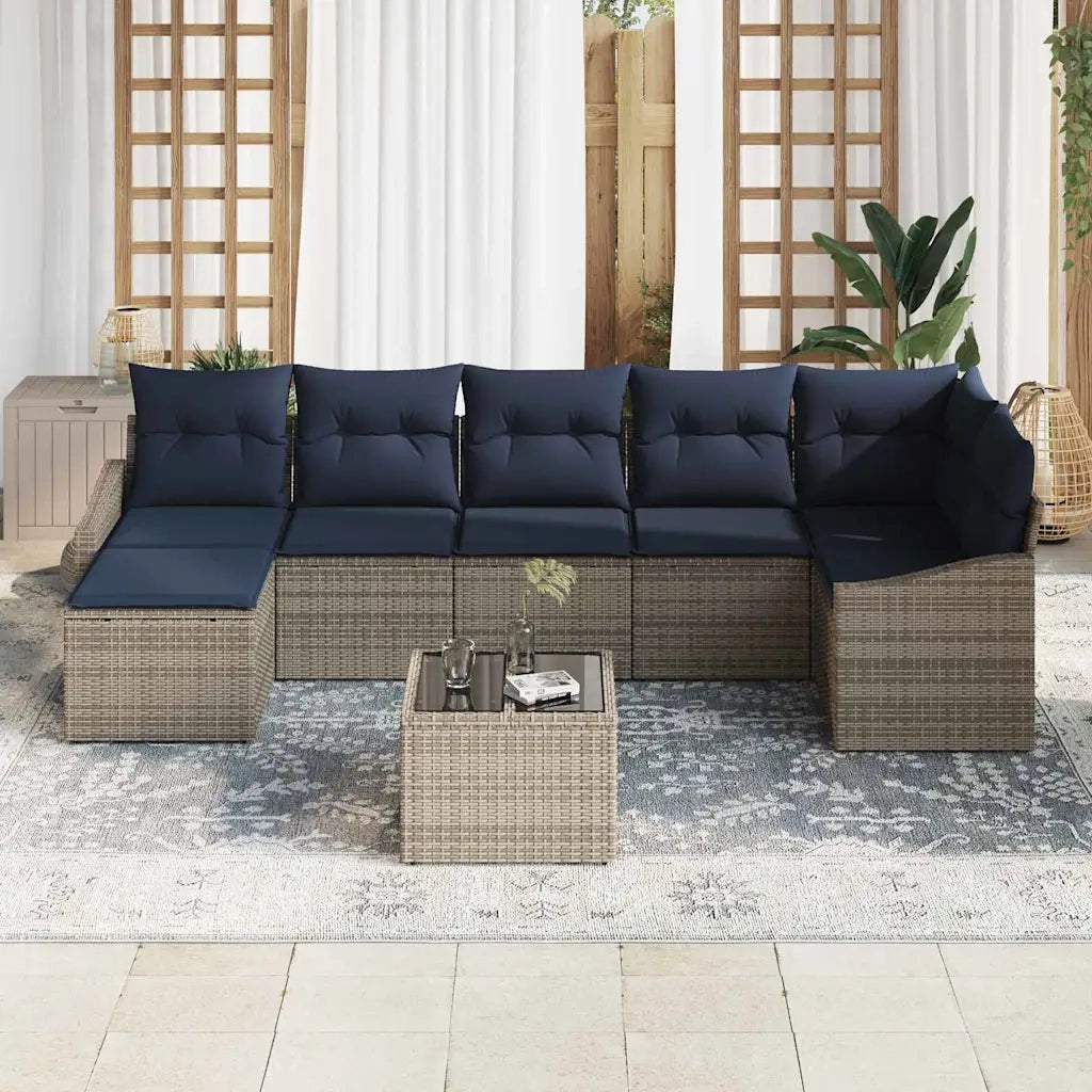 Set Divano da Giardino con cuscino Grigio e Blu Navy polyrattan