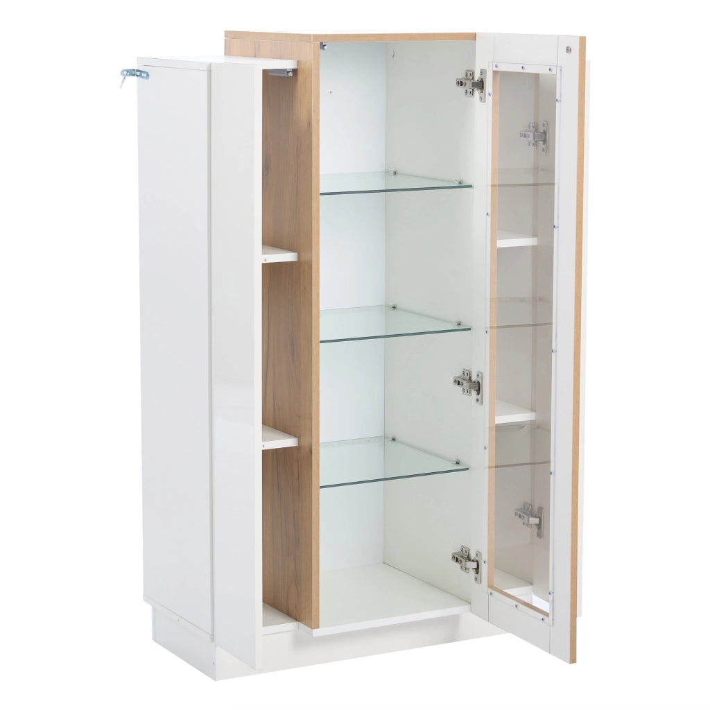 Vetrina; Libreria con 3 Ante; 1 Cassetto e LED; Controllo tramite App; Stile Moderno; in Pannelli di Particelle; Bianco e Legno; 74??40??120 cm