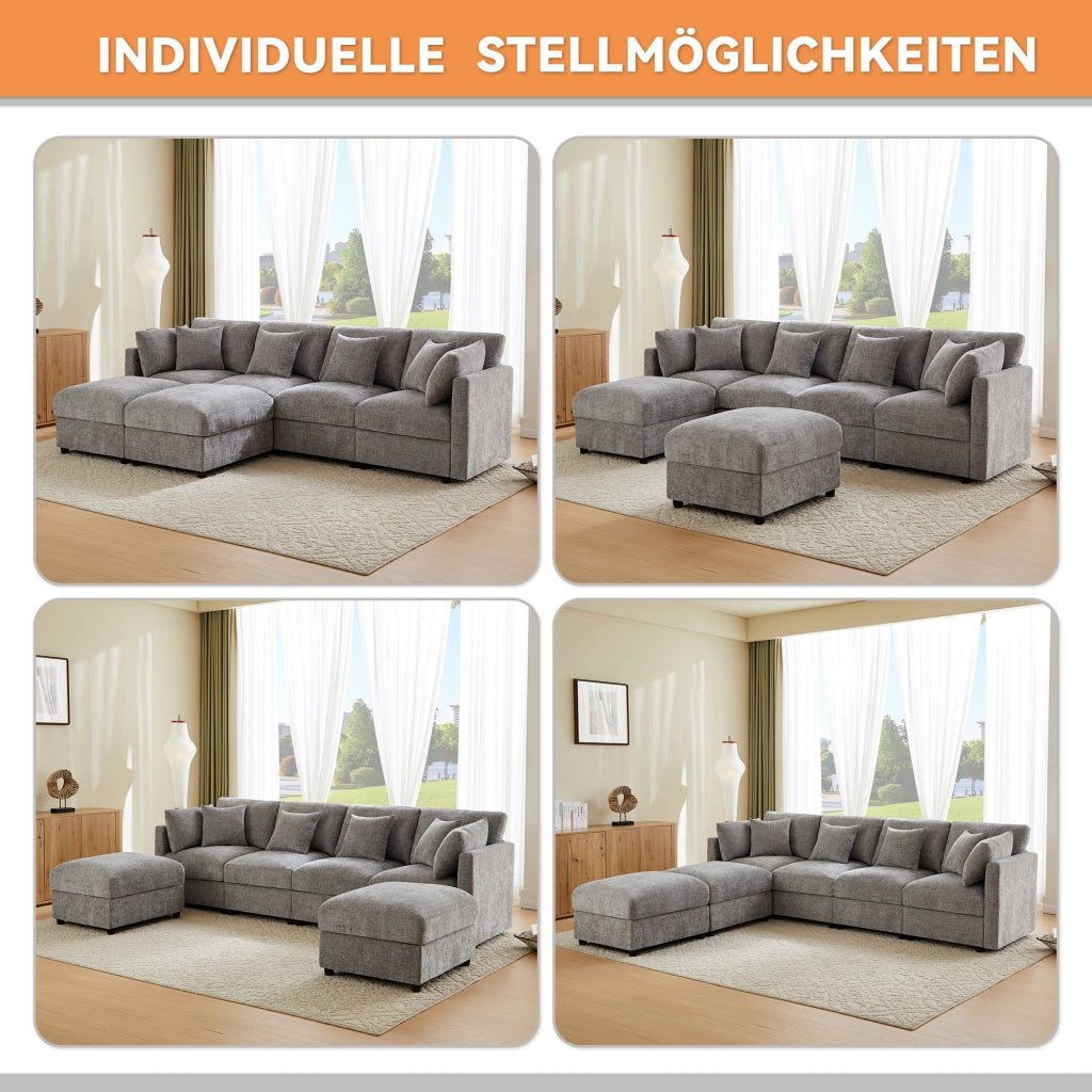 Divano modulare 4 posti con 2 pouf e braccioli regolabili in Chenille Grigio 284 × 156.5 × 86 cm