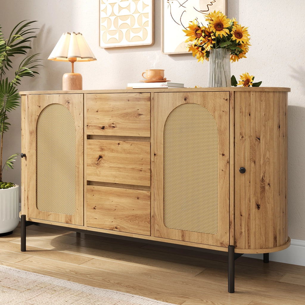 Credenza e madia ovale con ante scorrevoli, 3 cassetti e ripiani regolabili, in MDF e rattan, naturale, 140 × 38 × 77,5 cm