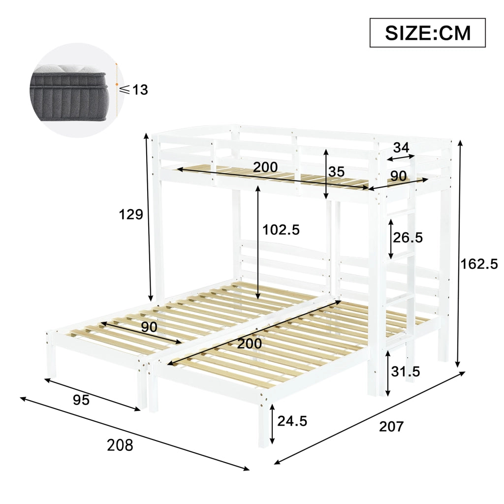 OKWISH Letto a Castello 90×200 cm, Letto 3 Posti con Scala Laterale e Sponda, senza Materasso, in Legno Massello, Bianco
