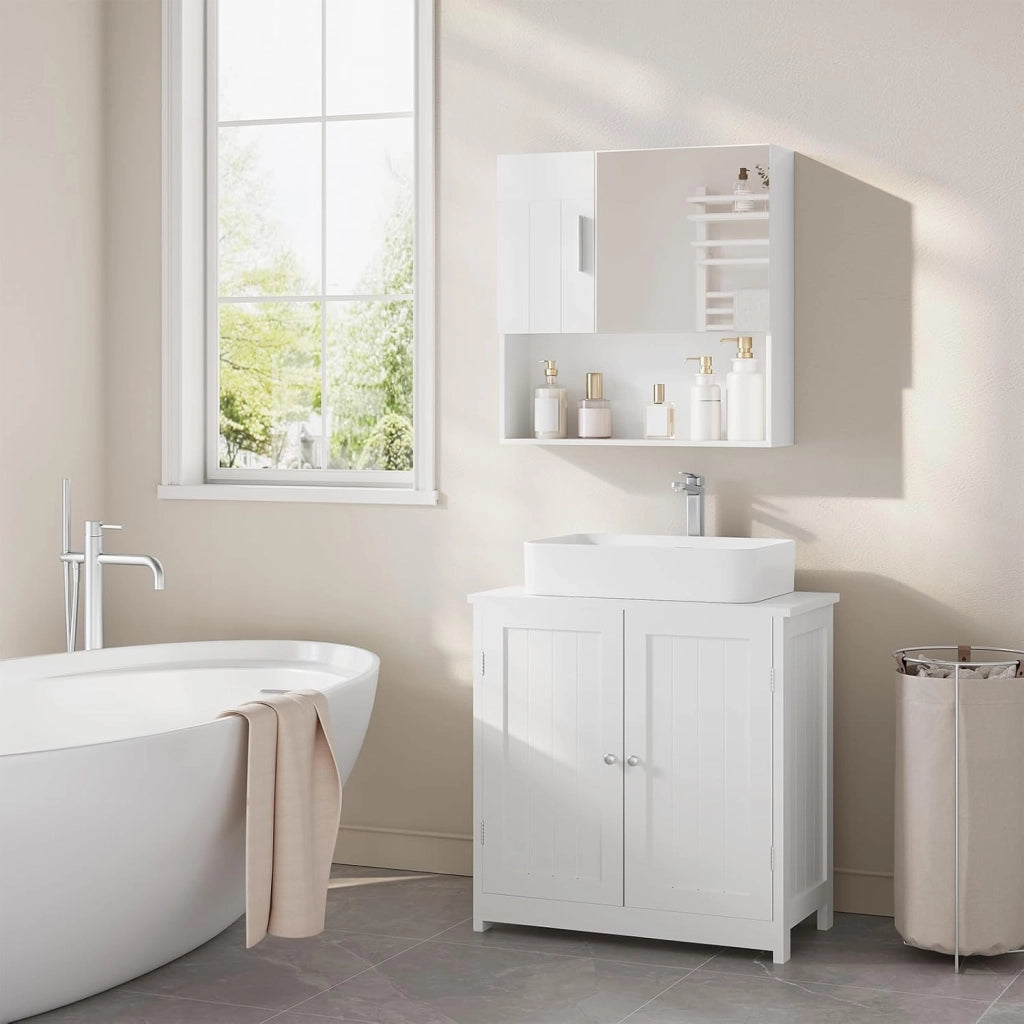 Armadietto da Bagno con Specchio e Anta, Mobiletto Sospeso con 5 Scomparti, Pensile da Cucina, Soggiorno, Camera da Letto, in MDF e Metallo, Bianco