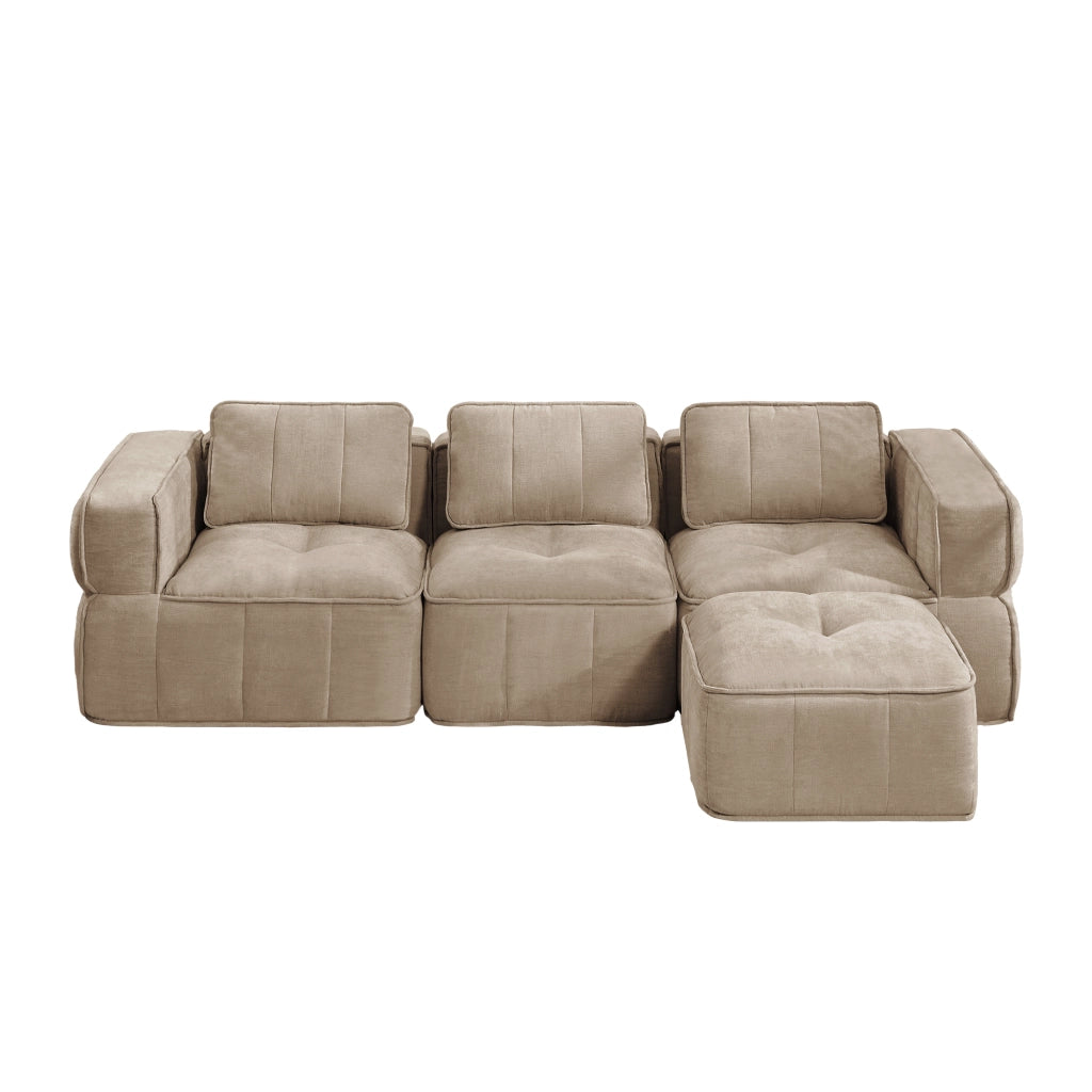 Divano modulare angolare senza struttura a 3 posti con pouf in poliestere sabbia per soggiorno 271 × 162 × 67 cm
