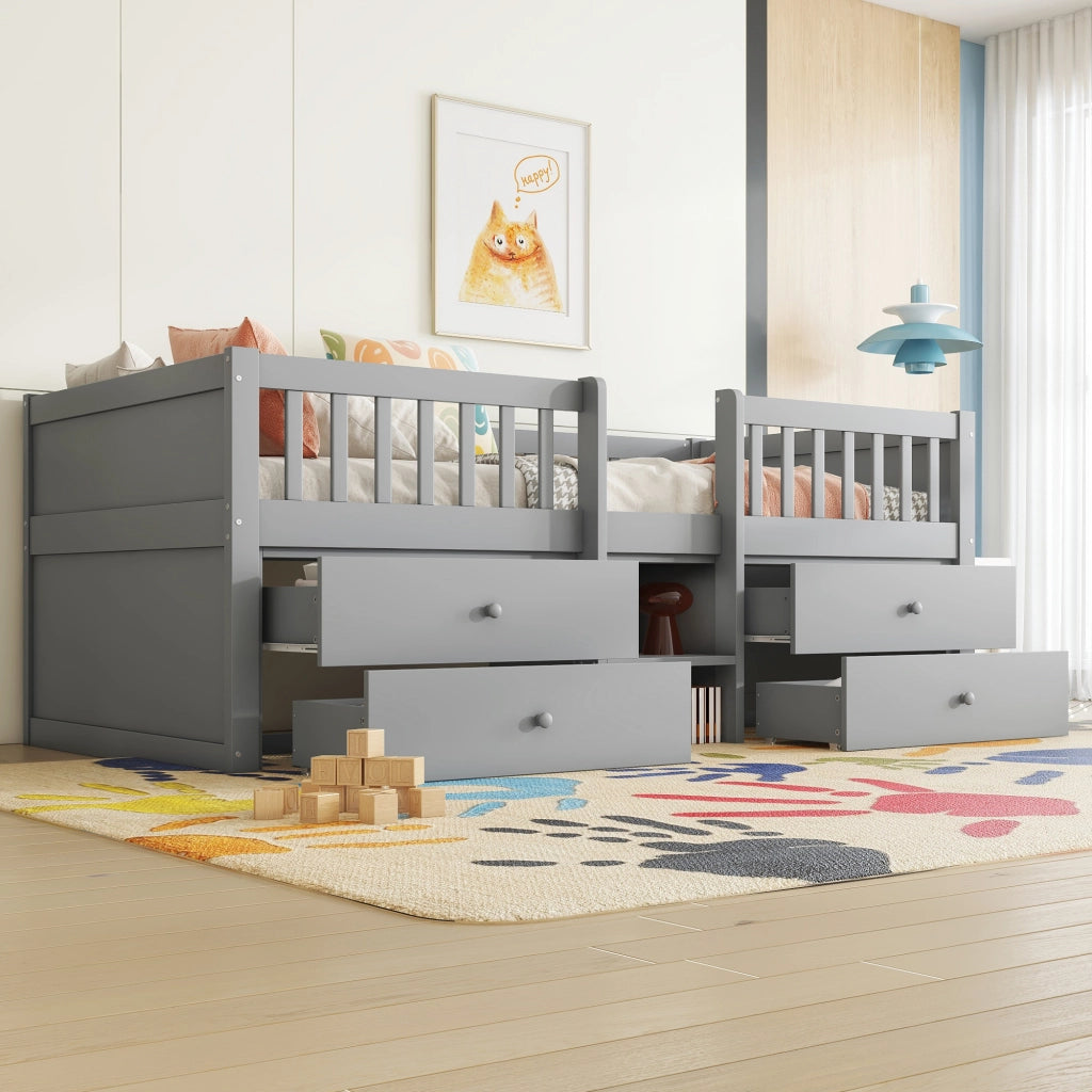 LETTO Semialto 90x200 cm Grigio con 4 Cassetti, Scala e Grembiule di Sicurezza