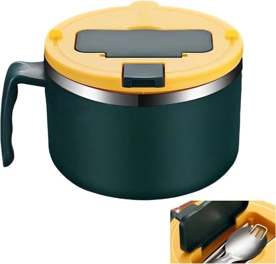 Ricettiera con coperchio - pentola per noodle istantanea - cucchiaio a coperchio e bastoncini per mangiare - ricettiera in acciaio inossidabile - contenitore per frutta e verdura udon soba - colore verde scuro - 1200 ml