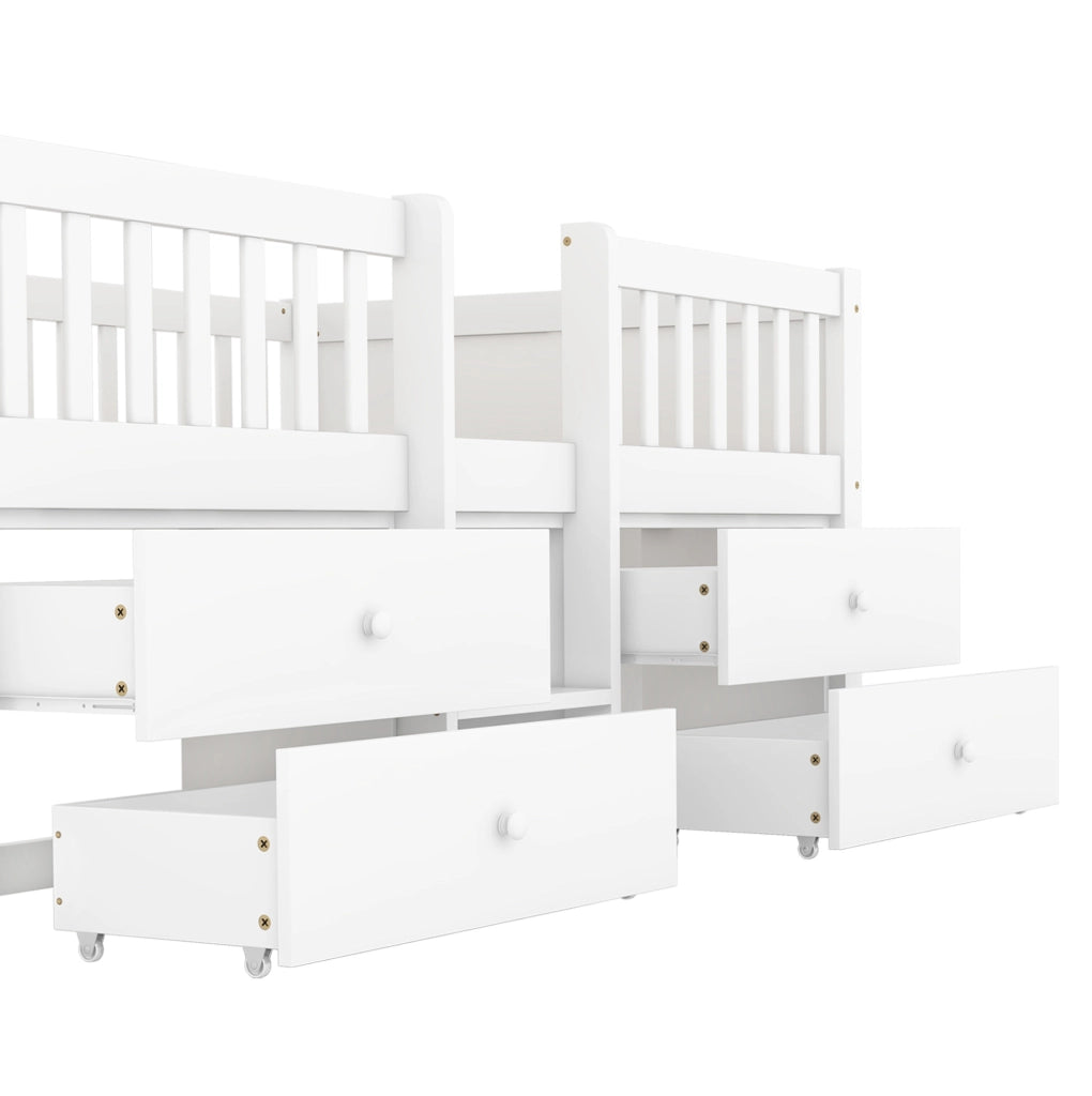 Letto a soppalco 90x200 cm con 4 cassetti; sponde di sicurezza e scala; bianco