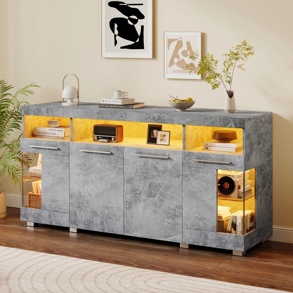 Credenza e madia con LED e ante in vetro temperato, 3 vani contenitore, per soggiorno, in MDF, grigio cemento 140 × 40 × 70 cm