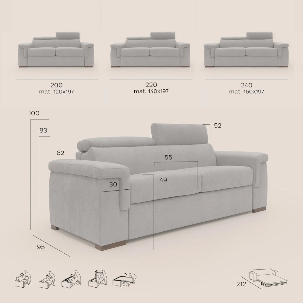 Giunone Divano letto mat. H18 220 cm (mat. 140x197 cm) panna