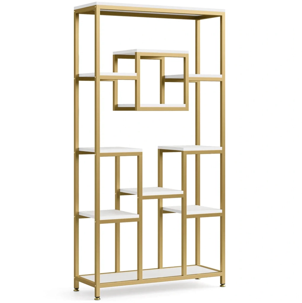 Libreria autoportante geometrica in metallo e legno oro e bianco