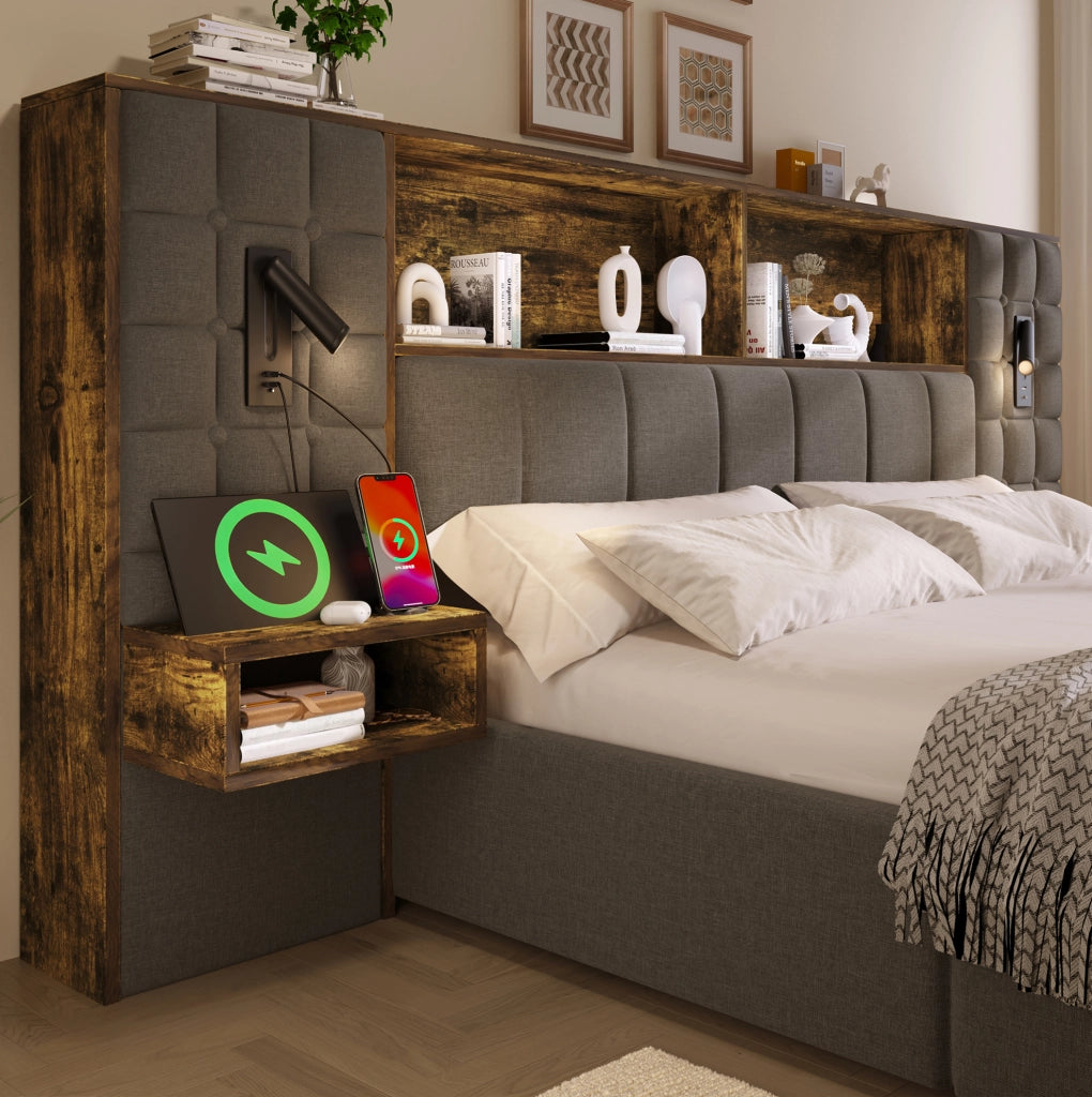 Letto matrimoniale 160x200 cm in lino grigio con contenitore; lampade da lettura e prese USB Type-C
