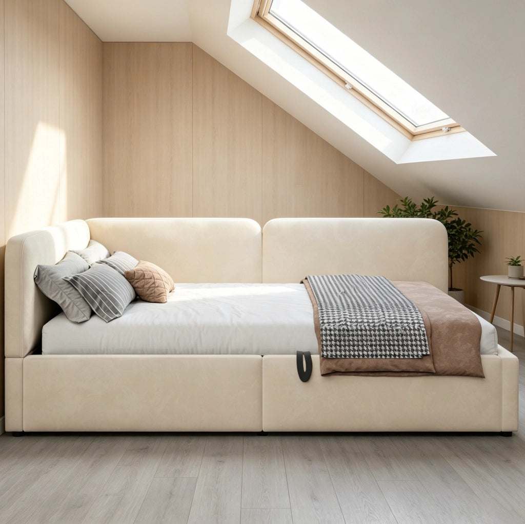 Letto divano imbottito 140x200 con vano contenitore idraulico beige