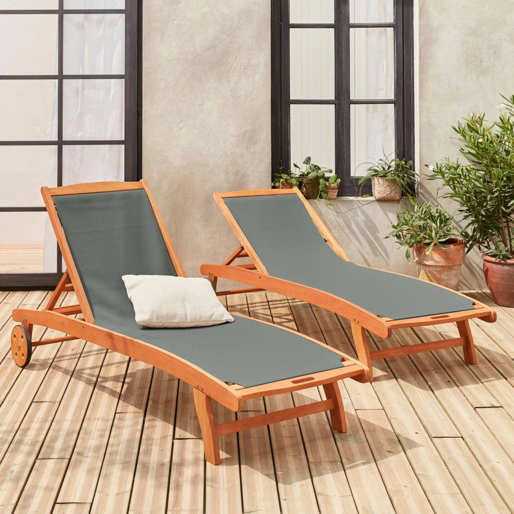 Set 2 lettini prendisole in legno multiposizione con ruote, verde kaki