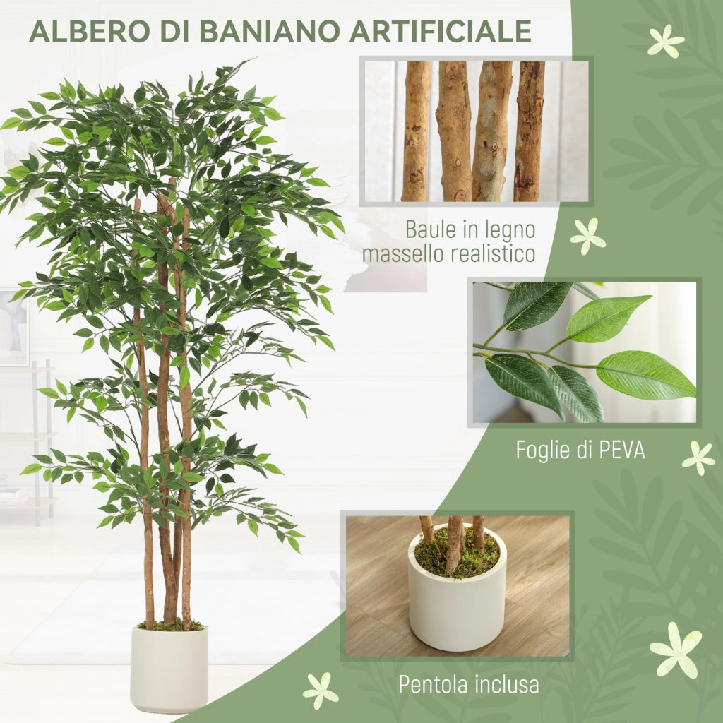 Pianta Artificiale di Banano in PEVA e Legno con Rami Orientabili e Vaso Contenitore in PP e Cemento