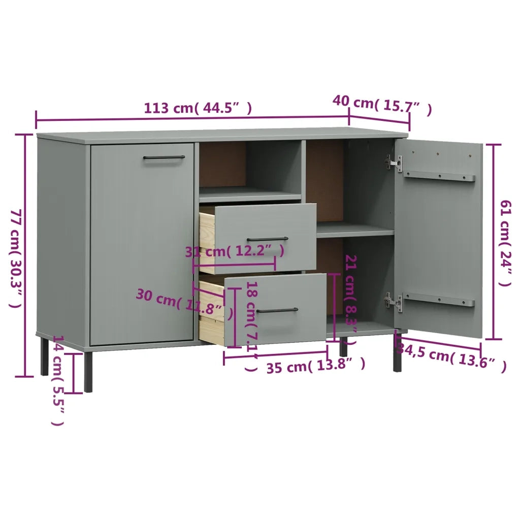 Credenza Gambe Metallo Grigio 113x40x77 cm Legno Massello OSLO 351019