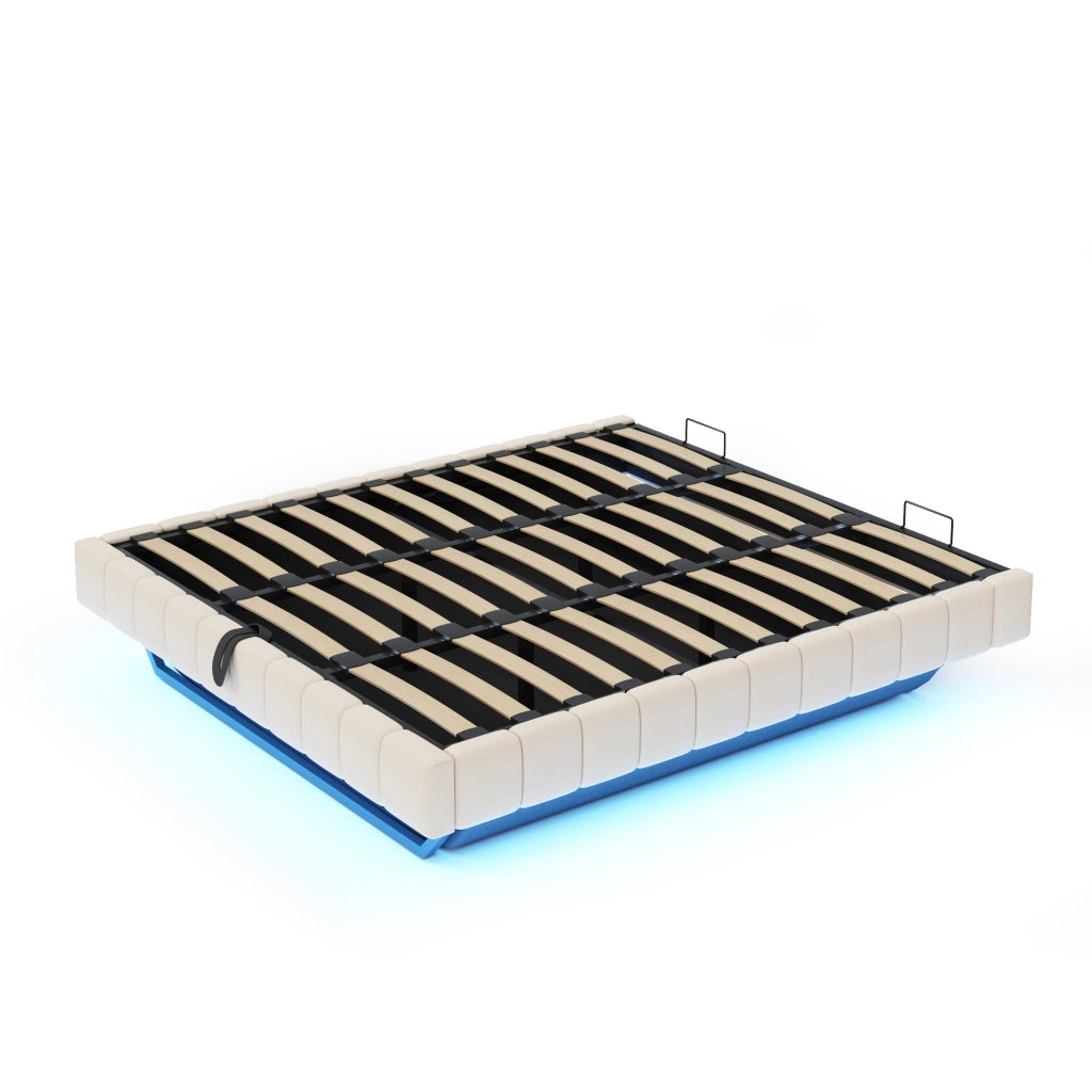 OKWISH Letto Contenitore 180×200 cm, Letto Matrimoniale con LED Regolabile e Sollevamento Idraulico, senza Materasso, in Tessuto, Beige
