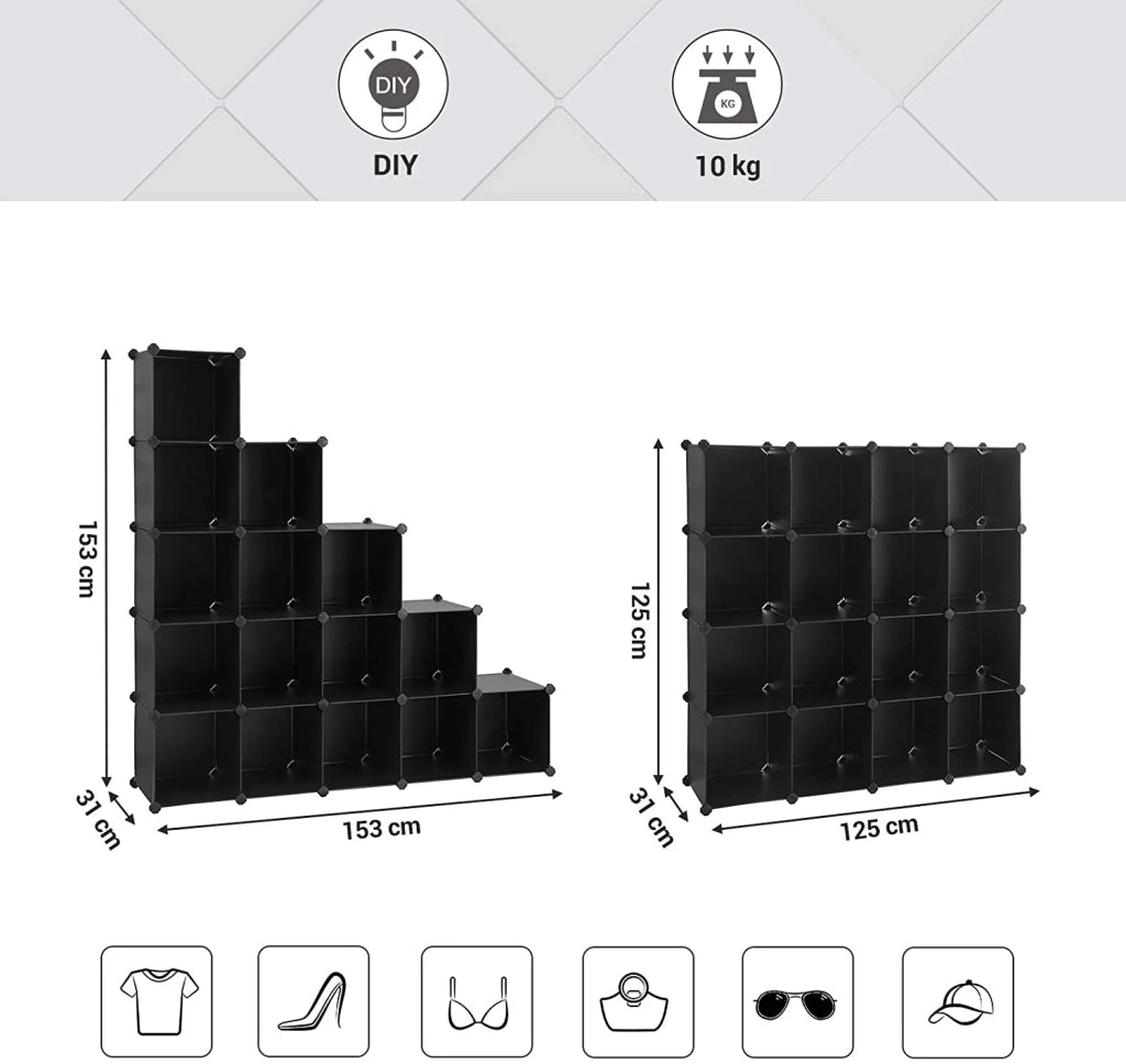 Unità di stoccaggio fai da te con 16 scomparti ripiano in plastica PP divisorio per armadio scarpiera per camera da letto cantina ufficio nero 12_0000689