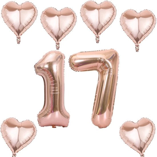 Set di palloni gonfiabili XL numero 17 - Set da 2 - Arcobaleno/Rosé oro - Decorazione per compleanni - Alta qualità - Incluso strumento per gonfiaggio - Pallone numerico