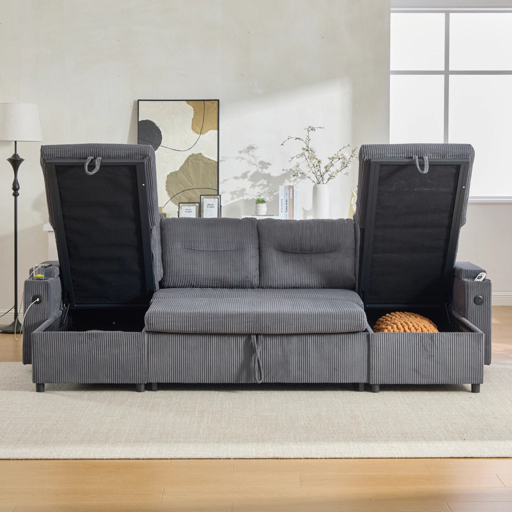 DIVANO 4 POSTI con chaise longue doppia, contenitore, USB-C, Corduroy Grigio Carbonio