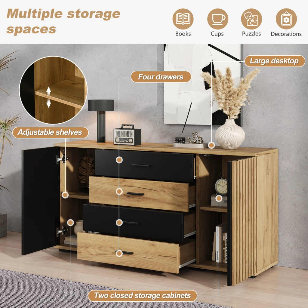 Credenza 140x35x70 cm Mobile Buffet 4 Cassetti e 2 Ante in MDF Rovere e Nero