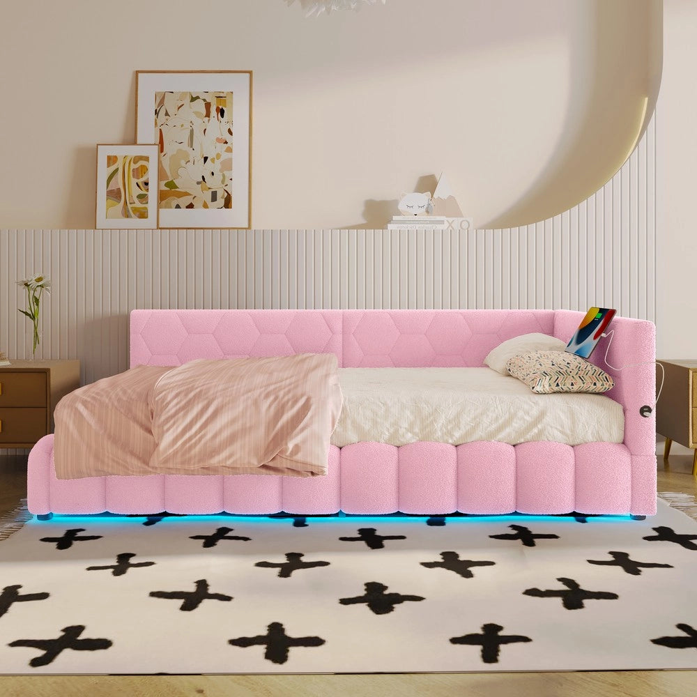 Letto Singolo Imbottito con LED e Contenitore Idraulico ¨C MINIMAL ¨C Rosa, 90x200 cm
