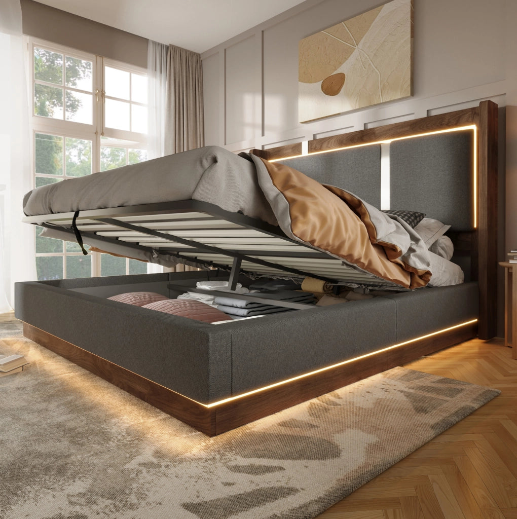 Letto matrimoniale 140x190 cm con contenitore; LED integrato; rivestimento in lino grigio e dettagli noce