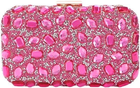 Borsa per Clutch per Donne con Cristalli e Pizzo per Abito da Sera, Portafoglio con Strass per Matrimonio, Rosa