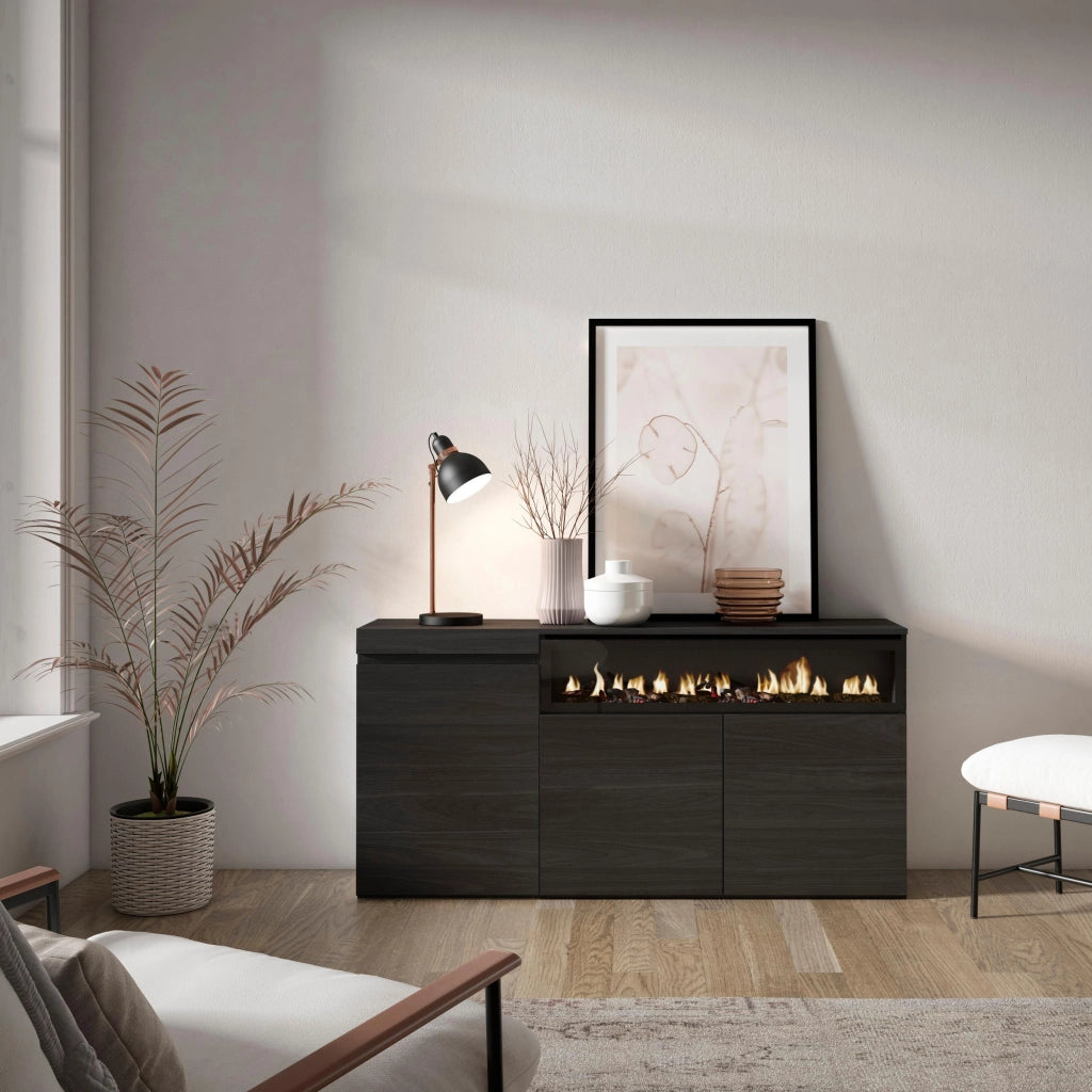 Credenza, Mobile, 150x35x75cm, 3 Porte, Camino elettrico, Nero RF2514