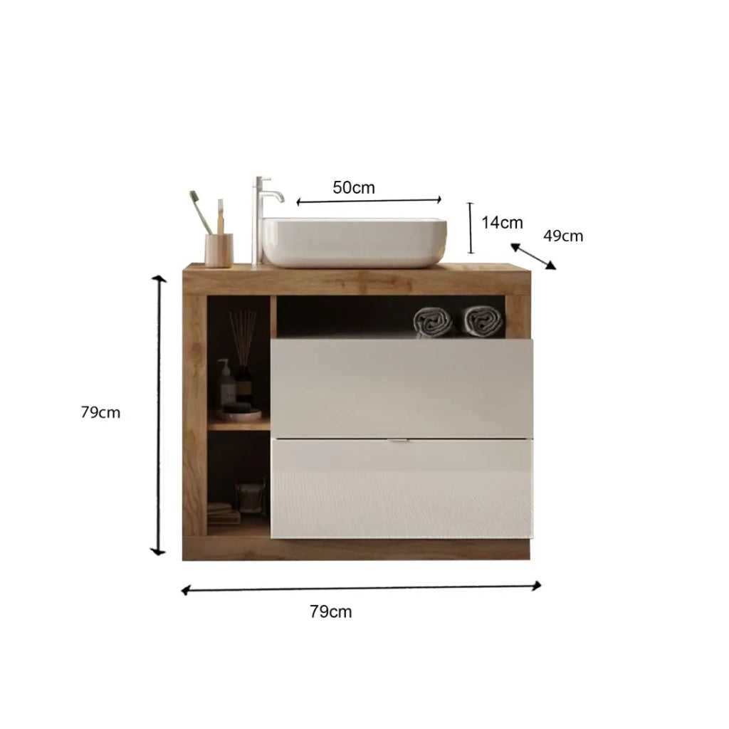 Mobile da bagno con lavabo e cassetti, lunghezza 79 cm, collezione BURA, bianco lucido/rovere chiaro