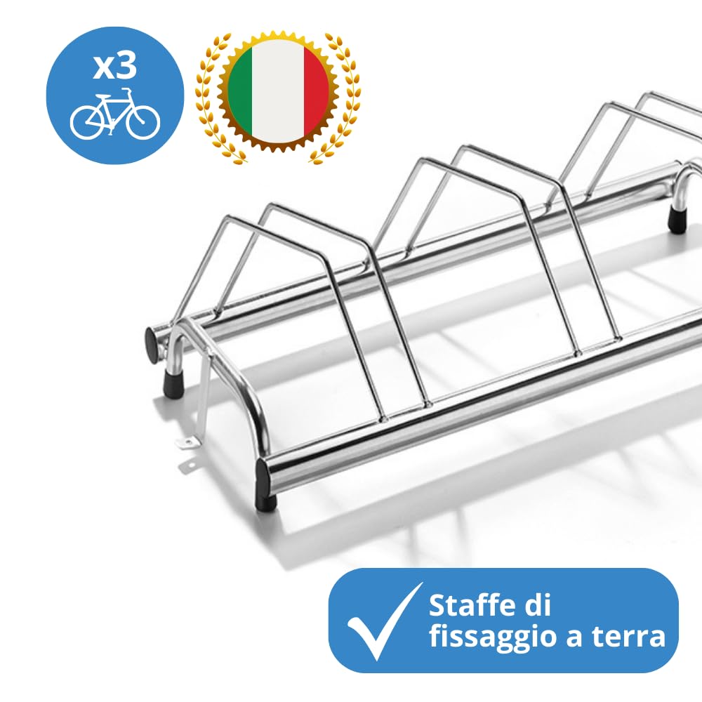 Andrys Rastrelliera Biciclette 3 Posti Inclinato con Tappi - Argento