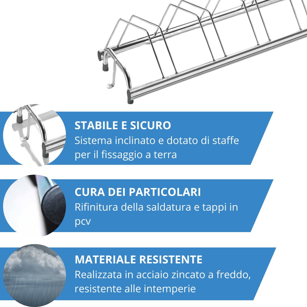 Andrys Rastrelliera Biciclette 3 Posti Inclinato con Tappi - Argento