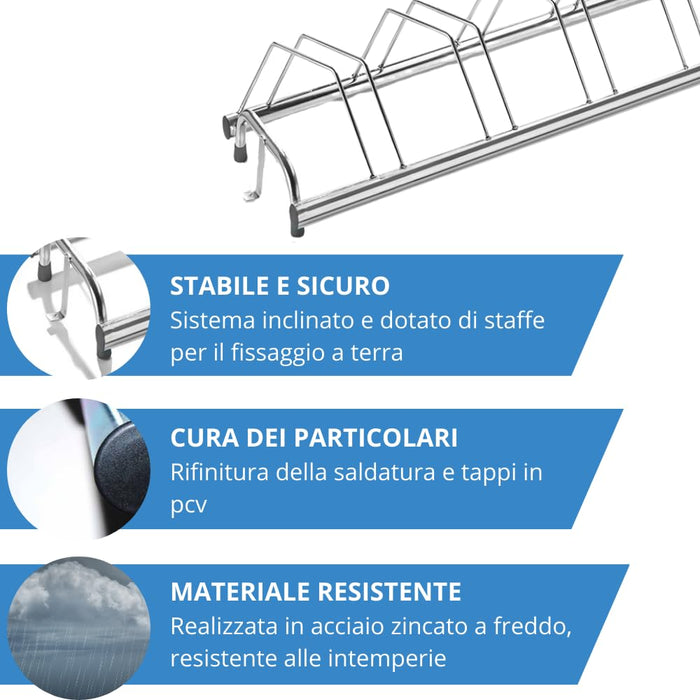 Andrys Rastrelliera Biciclette 3 Posti Inclinato con Tappi - Argento