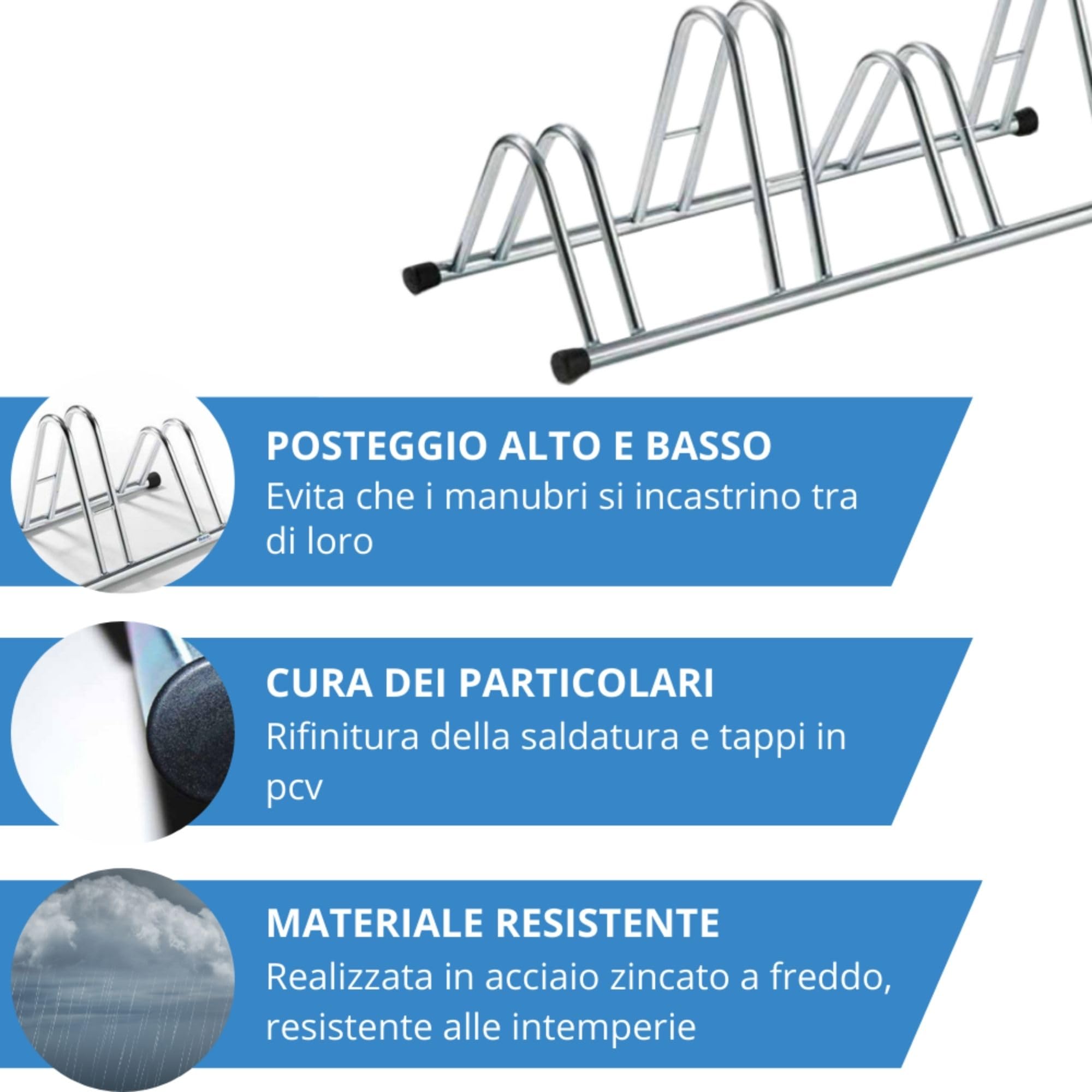 Andrys Rastrelliera Bici 4 Posti Alto/Basso Ruote 6cm Zincato Argento