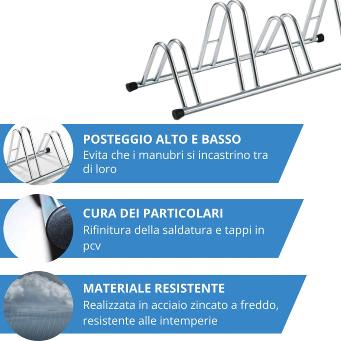 Andrys Rastrelliera Bici 4 Posti Alto/Basso Ruote 6cm Zincato Argento
