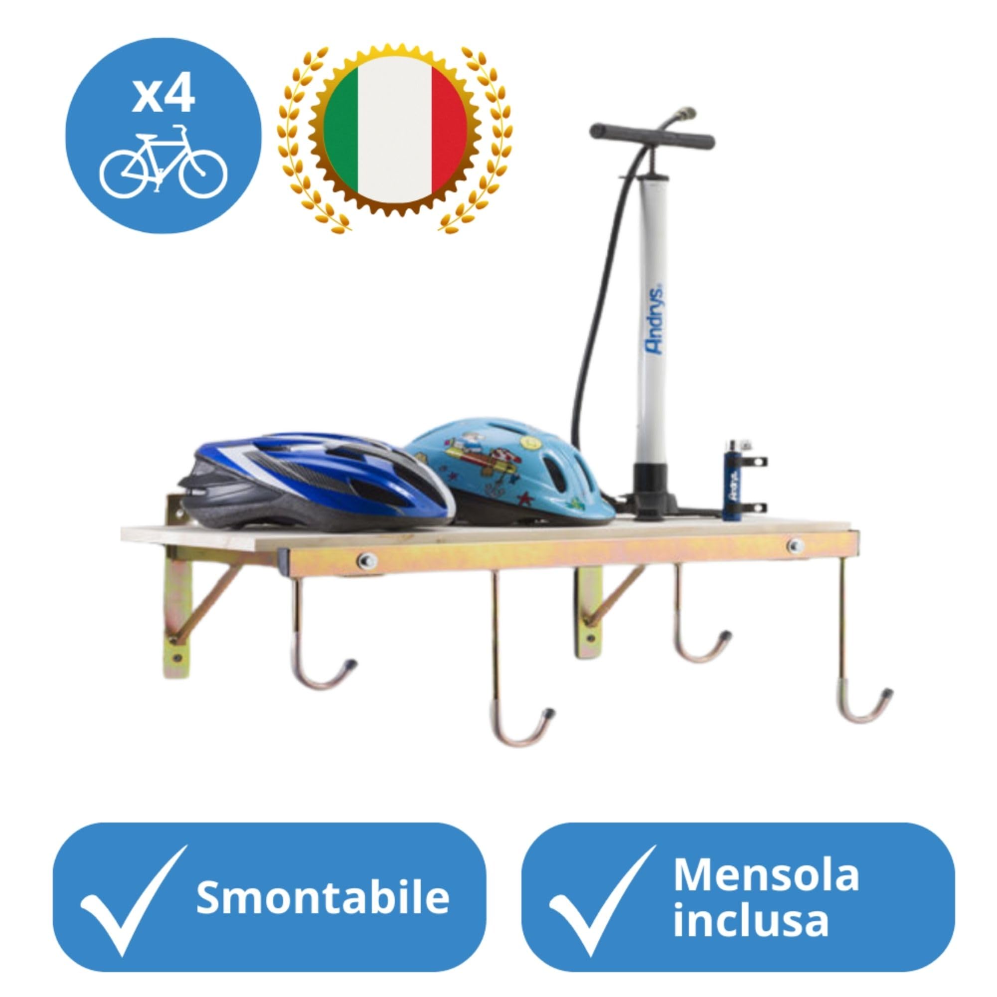 Andrys Porta Bici Muro 4 Posti con Ganci e Mensola Smontabile Oro
