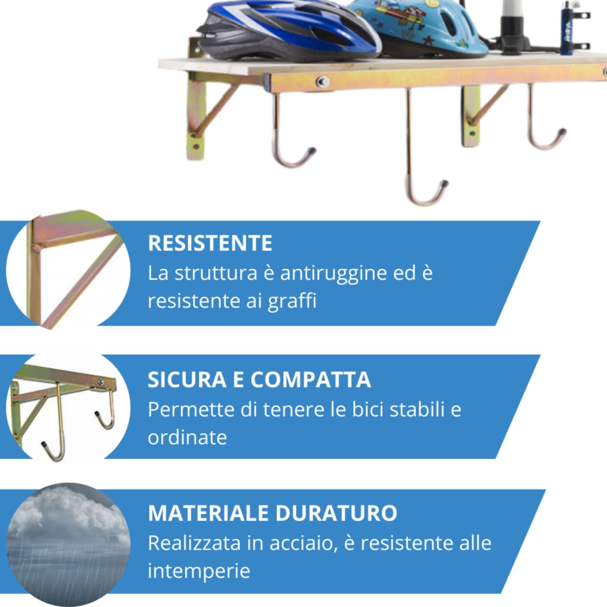 Andrys Porta Bici Muro 4 Posti con Ganci e Mensola Smontabile Oro