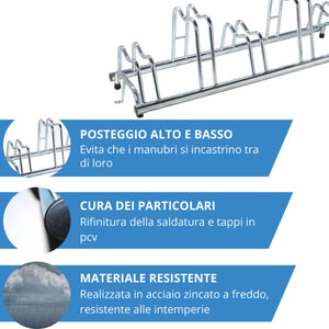 Andrys Rastrelliera Bici 5 Posti con Staffe e Tappi Alto/Basso Zincato Argento