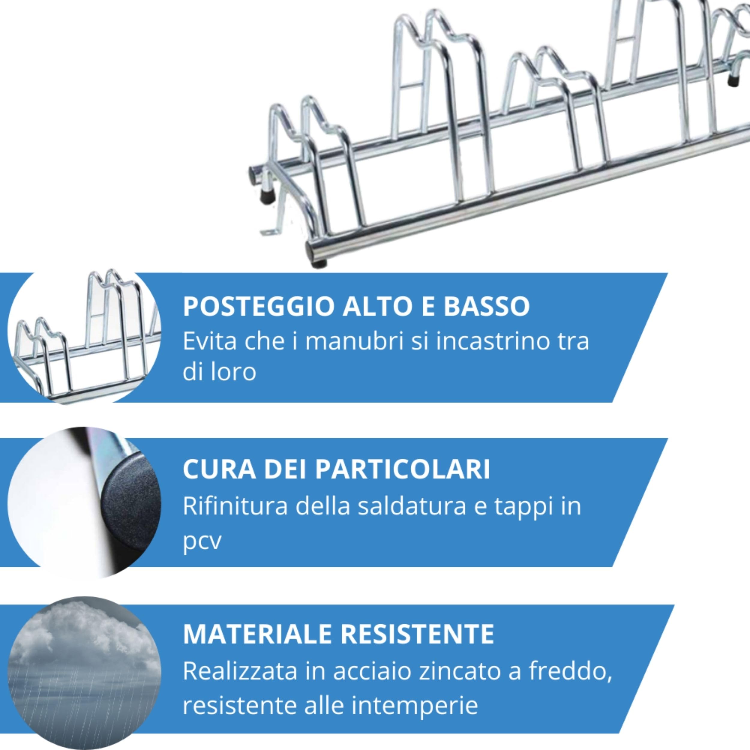 Andrys Rastrelliera Bici 5 Posti con Staffe e Tappi Alto/Basso Zincato Argento